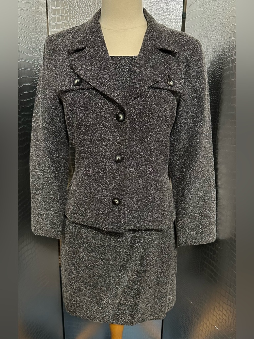 Kenar Vintage Women's Black Patterned Belted Sheath Dress and Matching Blazer